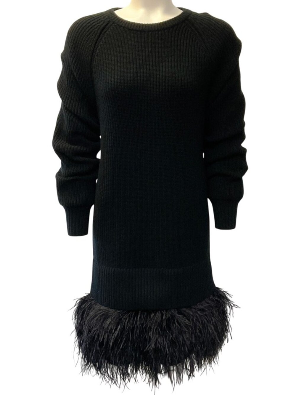 Michael Kors Collection Black Cashmere Knit Dress with Feather Trim